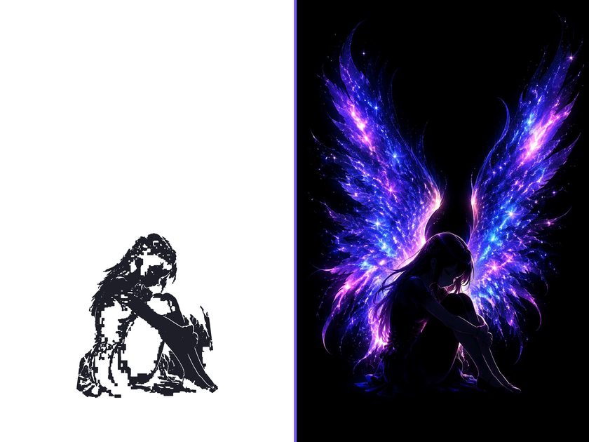 Before and after of a tap and hold image: a dark silhouette on the white timeline reveals colorful angel wings when tapped and held